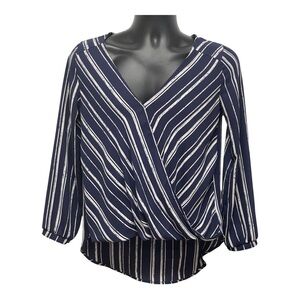 Lush Navy & White Striped Wrap Blouse Size Small